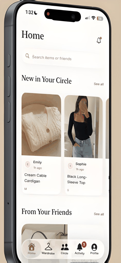 Borrowed home feed showing new items shared in a Circle